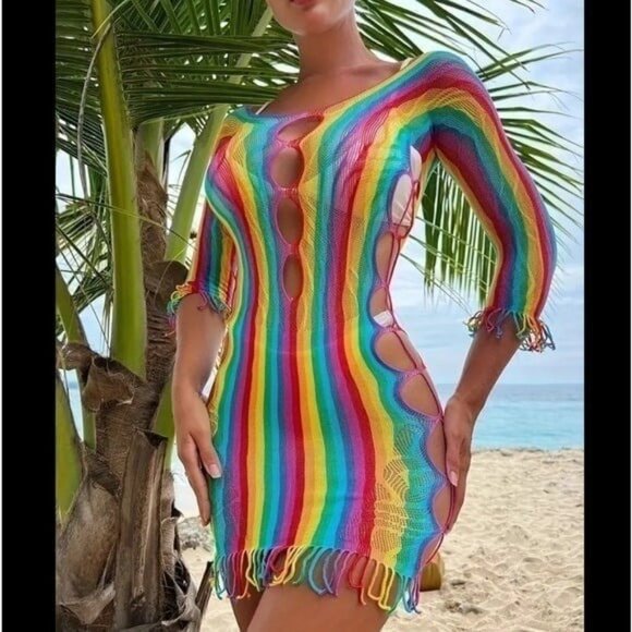 Rainbow Color Striped One-Piece Fishnet Dress - Picture 4 of 7